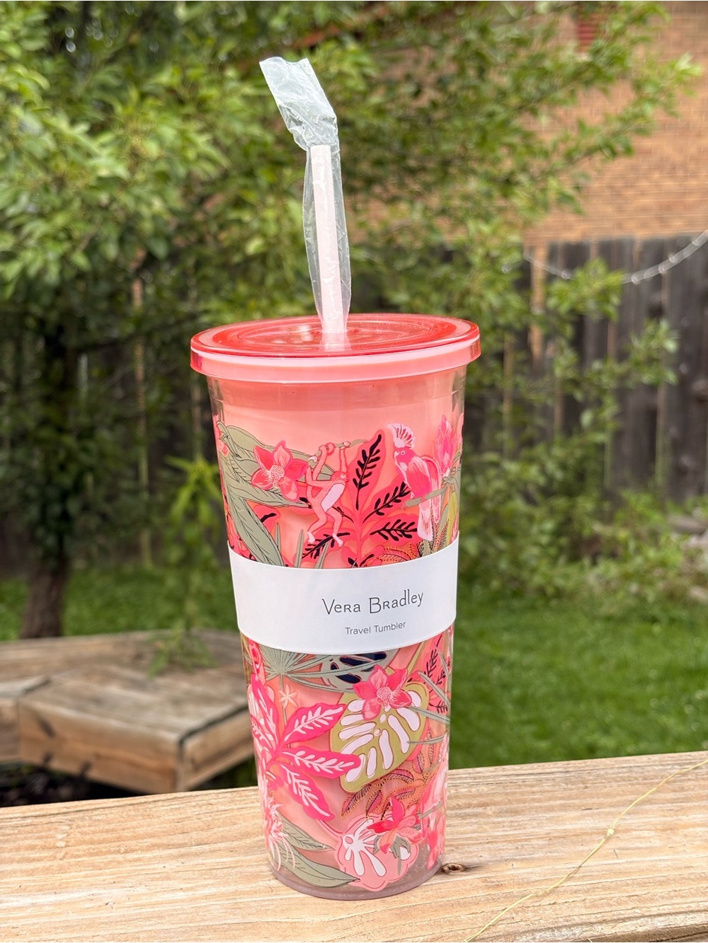 Vera Bradley Coral Pink Floral Travel Tumbler with Straw